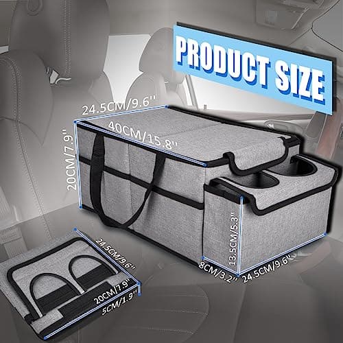GUWINA Car Backseat Organiser, Multi Compartment Foldable Seat Organiser for Car Boot Front and Back Seats, with Lids and Straps Best for Clothes, Toys, Office Products (Grey) — view 4