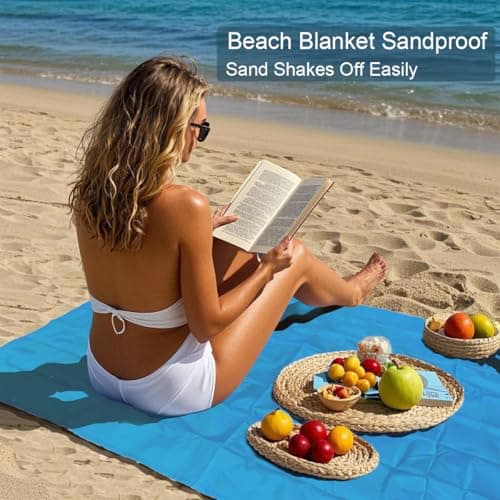 Legnowit Outdoor Pocket Blanket, 140 x 150 cm Waterproof Compact Lightweight Mini Picnic Blanket, Sand Free Beach Mat, Small Tarp for Concert Festival Camping Hiking Travel, Stakes Included (Blue) — view 4