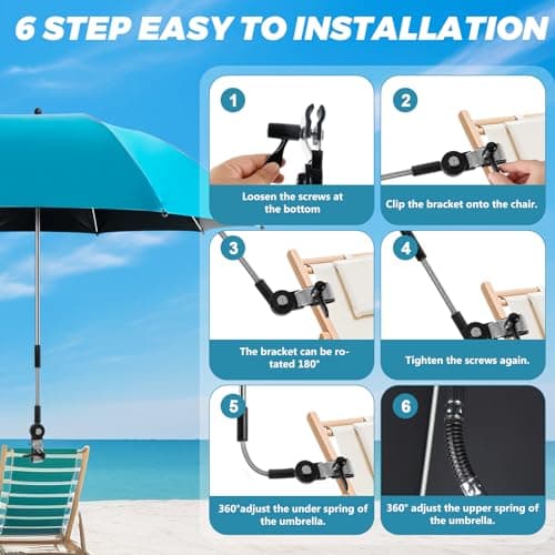 ConBlom 2 PACK Chair Umbrella with Universal Clamp, 360 ° Adjustable UPF50+ Umbrella for Stroller, Patio Chair, Wheelchair, Camping Chair, Golf Carts (Light Blue) — view 6
