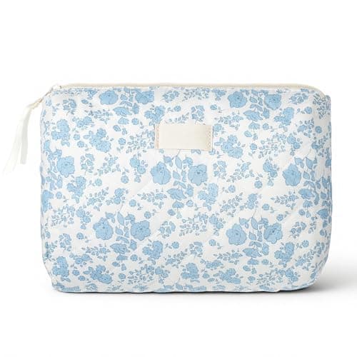 Floral Cute Makeup Bag, Large Toiletries Bag for Women Girls, Cute Cotton Makeup Pouch,Quilted Flower Travel Toiletry Organizer Bag(Blue)