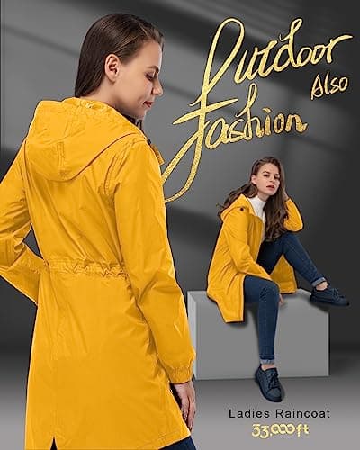 33,000ft Women's Rain Jacket Lightweight Hooded Long Rain Coat Waterproof Jacket Ladies Packable Functional Jacket Windbreaker Breathable Active Outdoor Coats Yellow XL/16 — view 6