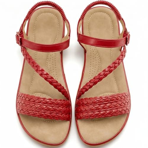 Women’s Dressy Flat Sandals, Strappy Open Toe Low Flat Sole Summer Shoes - Casual Walking Sandals for Vacation Wedding Guest Office Evening Travel Beach Resort Daily Outdoor Wear (Red,9.5)