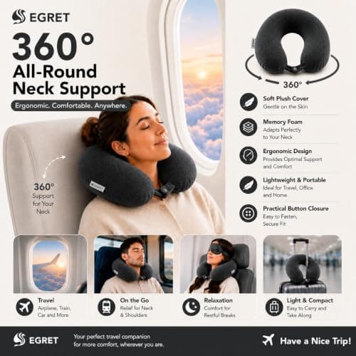 Egret Memory Foam Travel Neck Pillow, 360° Head, Neck & Chin Support, 2-Level Adjustable Neck Pillow for Travel with Removable Washable Cover, for Long Flights (Black — view 3