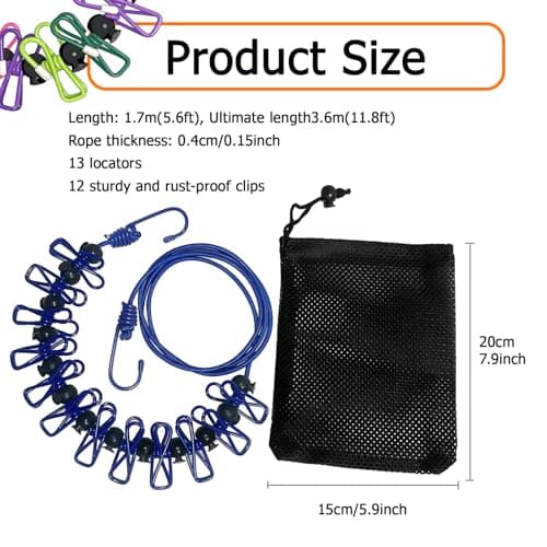 BaiMoure Portable Clothesline with 12 Deep Blue Clips & Adjustable Beads — view 3