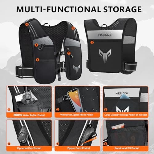 LED Running Vest for Men & Women with Phone Holder & 500ml Water Bottles - Reflective Lightweight Running Hydration Vest for Night Running, Marathon, Trail, Cycling (Black A, One Size) — view 4