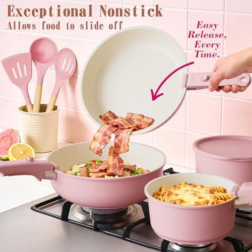 Umite Chef Pots and Pans Set Non Stick, 21 pcs Nonstick Ceramic Cookware Set, RV Kitchen Cooking Set with Detachable Handles, Oven Safe, Induction Cookware, Stackable, Pink, PFAS PFOA & PTFE Free — view 4