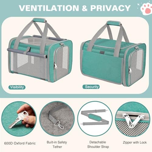 BTNEEU Soft Sided Cat Carrier Bag Airline Approved Large Pet Carrier Portable Dog Carrier Ventilated Foldable Pet Travel Carriers Bag For Cats With Shoulder Strap & Washable Mat (Lake Green) — view 5