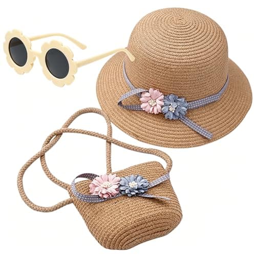 Girls Straw Hat, Sun Hat Set Mini Straw Handbag and Sunglasses Summer Beach Straws Cap Crossbody Bag Sets Beach Straws Hats Summer Travel Accessories for Beach,Vacation,Outdoor Activities(Khaki)