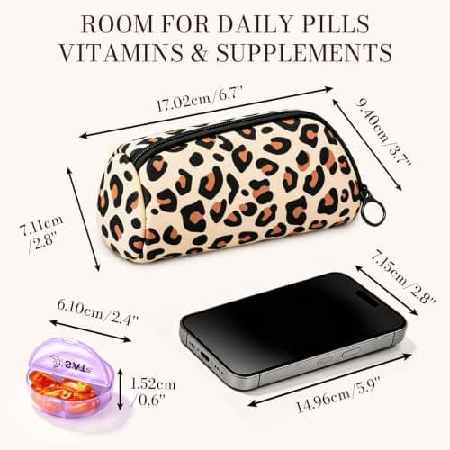 Portable Round Pill Box with Zipper Pouch, Classic Leopard Travel Pill Organiser for Tablets, Vitamins, Capsules and Supplements, Compact Medicine Case — view 5