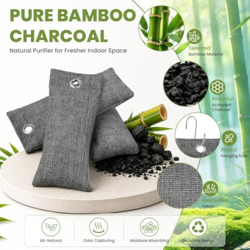 vsshe Bamboo Charcoal Air Purifying Bags 6Pack, 6x50g Natural Activated Deodorize Bags, Removes Odors and Moisture, Activated Charcoal Shoe Odour Absorber, Air Freshener for Home,Car Pets Room,Closet — view 3