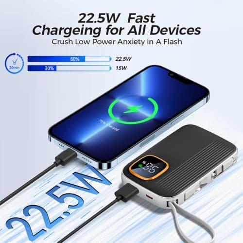 Power Bank with Built-in Cables, 10000mAh Fast Charging Portable Phone Charger, 22.5W PD USB C Battery Pack Compatible with iPhone 16 15 14 Android, etc — view 3