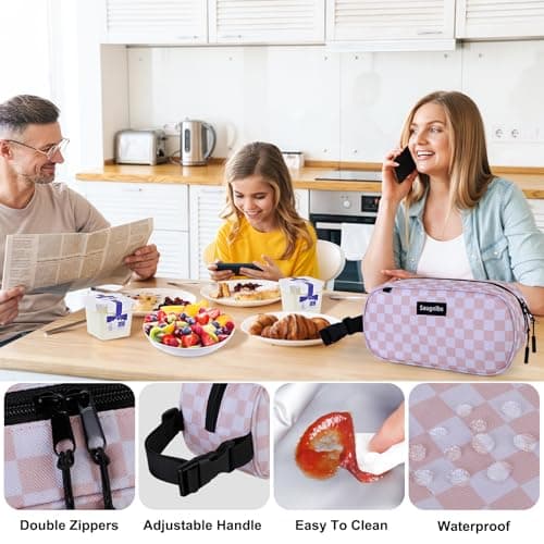 Saugnlbs Small Insulated Bag,Cool Bag Small,Mini Cool Bag,Freezable Lunch with 2 Ice Packs for Work School Travel,Freezable Snack Box for Adults,10“ x 4”x 5”Round,Gold-Grid — view 6