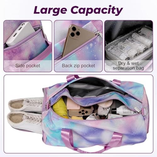 Flintronic Small Gym Bag for Girls Kids, Sports Duffel Bag for Gym, Gym Bag with Adjustable Shoulder Straps, Women's Fitness Bag with Shoe Compartment & Wet Pocket for Gym Swim Dance (Purple) — view 4