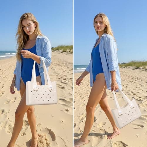 Larcenciel Rubber Beach Tote Bag, Waterproof Washable Durable Beach Bag with Holes, Stylish Large Open Travel Tote Bag, Lightweight Sandproof EVA Handbag for Outdoor, Holiday, Sports,Pool, 35x25x10CM — view 2