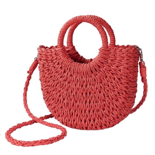 Womens Straw Beach Bag Woven Crossbody Shoulder Bags Top Handle Satchel Handbag Purse for Summer, Red, One Size