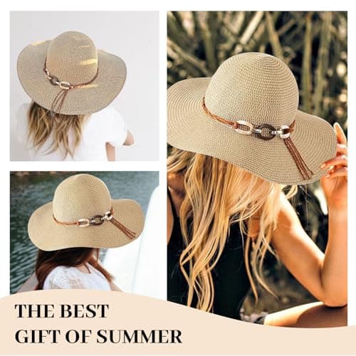 BelleVive Beach Sun Hats for Women, Wide Brim Straw Hat for Women, Summer Hat with Roll-Up Wind Band, Foldable Beach Hat with UV Protection, SPF 50+, Adjustable Strap, Holiday — view 5