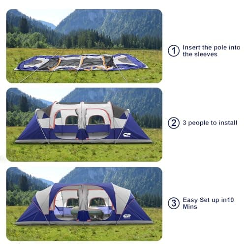 CAMPROS CP 12-Person Family Tent, 3-Room Tunnel Camping Tent, Waterproof — view 3