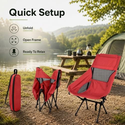 HomlyPro High Back Camping Chair with Wide Feet & Carry Bag, Pack of 1 - Ultra Lightweight & Compact Foldable Chair for Adults, Ideal for Beach, Garden, Picnic, Fishing & Travel (Red) — view 5