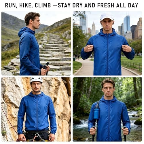 ADUDVLO Men's Lightweight Waterproof Jacket with Pockets, Packable Hooded Windproof Rain Jacket for Travel, Running & Hiking – Includes Carry Pouch (UK, Alpha, L, Regular, Regular, Blue) — view 2