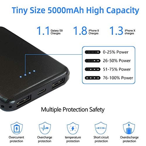 YOBON 5000mAh Power Bank Mini Portable Charger Ultra Thin Pocket Size External Battery Packs Emergency Phone Power Dual USB Output Port Compatible for iPhone Huawei iPad Samsung Galaxy (Black) — view 5
