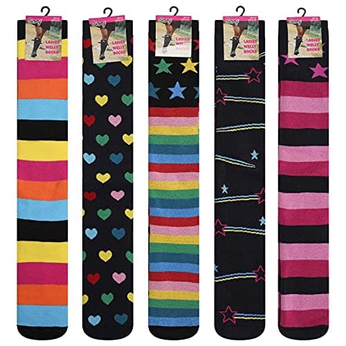 Soxy Ladies Design Wellington Boot Socks - 5 Pack - Women's Welly Socks - Festival Walking Hiking Thermal Socks - Assorted Patterns - UK Shoe Size 4-6