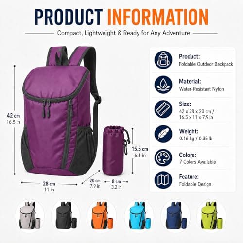 NWDEY Lightweight Foldable Backpack, Waterproof Small Rucksack with Flip Top Main Compartment, 160g Packable Casual Daypack for Men Women Kids, Perfect for Hiking Camping Travel Cycling (Purple) — view 2