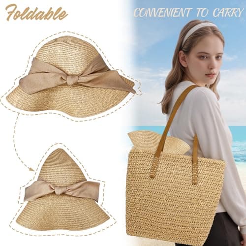 lifwimner Straw Sun Hats for Women UV Protection, Foldable Floppy Bowknot Straw Hats Wide Brim Summer Beach Cap with Chin Strap for Beach Vacation Travel Holiday (UK, Alpha, M, Khaki) — view 4