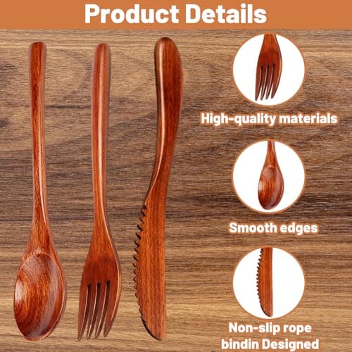 QyueQyat 6-piece Bamboo Cutlery Set with Forks Spoons Knives, Cutlery, Wooden Utensil for Dining, Portable Travel and — view 3