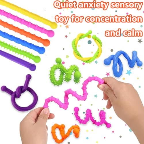 Lanstorm 6 PCS Textured Stretchy Sensory Fidget Toys, Colorful Quiet Fidget Toys, Noodle Texture Sensory Toys, ADHD Autism Anxiety Relief Stretchy Sticks, for Classroom, Travel, Camping, Picnic — view 5