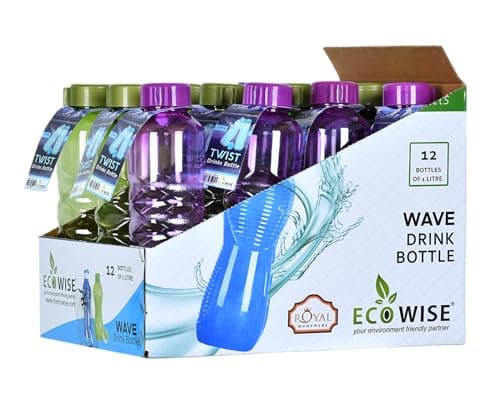 EcoWise Reusable Plastic Water Bottles - 1 Litres, 12-Pack, Drinking Juice Twist Design Water Bottles with Leakproof Cap, Lightweight, Durable & BPA-Free for Home Office School Outdoor Sports Gym