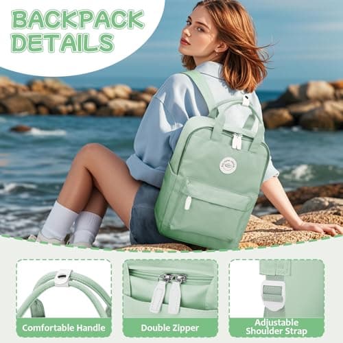 HYC00 Lightweight School Backpack Secondary Girls Boys School Bags for Teenager College Students Water Resistant Casual Travel Rucksack Bag for Women Men 14 inch Laptop Backpack Bookbag, Mint Green — view 3