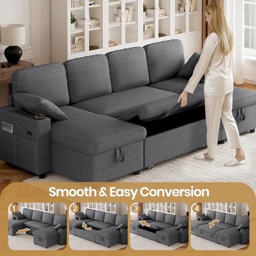 Corner Sofa Bed, U-Shaped Convertible Sleeper Sectional Sofa Bed with Storage, USB & Type-C Ports, Cup Holders and 2 Cushions, 4 Seater Linen Pull Out Couch Bed for Living Room, Bedroom, Grey — view 5