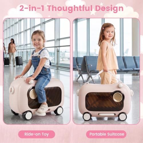 COSTWAY Kids Ride-on Luggage, 2-in-1 Children Suitcase (Pink+Brown) — view 2