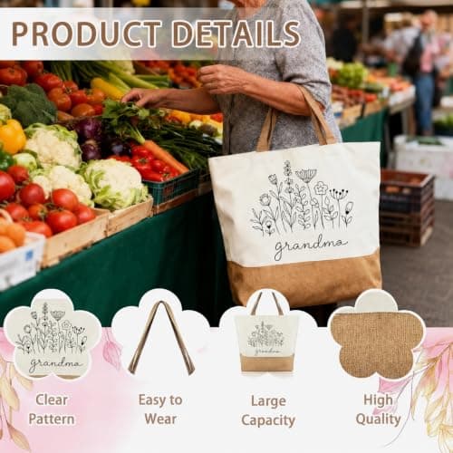 Grandma Birthday Gifts, Tote Bag Large Jute Shopping Bag with Floral Design, Grandma’s Day Gifts, Gift for Grandma Everyday Use Grandma Christmas Gift, Reusable Shoulder Bag for Shopping Picnic Travel — view 5