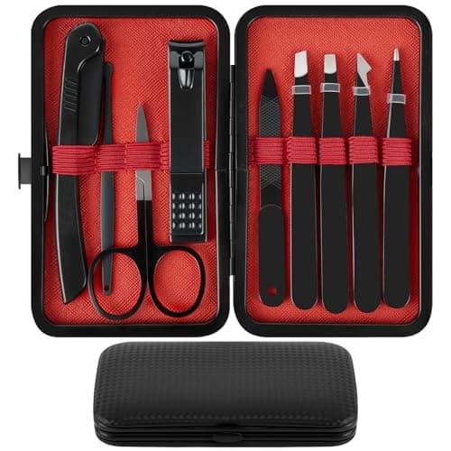 AUYAO Manicure Set Nail Clippers Kit 9PCS Eyebrow Tweezers Kit Professional Stainless Steel Nail Care Kit with Leather Case Portable Travel Grooming Kit for Women Men Travel & Home(Black Red)