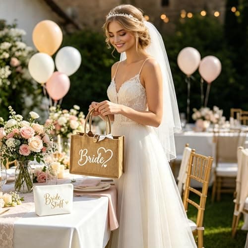 PUQGAOIP Bride Gift Bag, 3 Pcs Set with Jute Bride Bag with Makeup Pouch and Bow, Bride to Be Gifts for Hen Party, Bridal Shower Gifts for Bride,Travel Beach Shopping Handbag for Bride — view 2