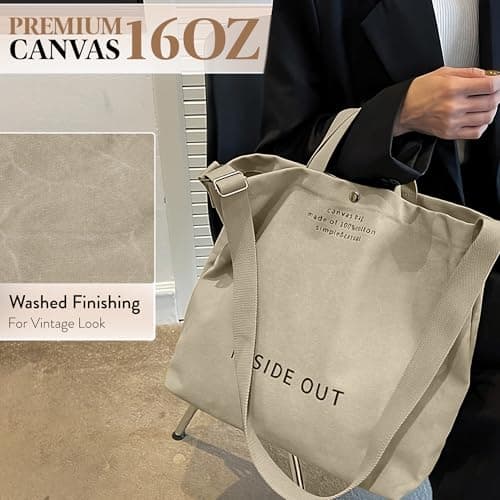 Large Canvas Tote Bag for Women 3 Small Inside Pockets-Vintage Crossbody Handbag for Work, Beach, Travel-16oz Cotton, Khaki, One Size — view 5