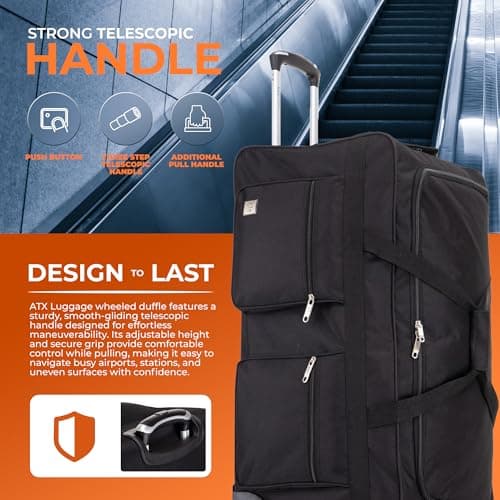 ATX Luggage 40" Jumbo Wheeled Duffle Bag Lightweight Rolling Wheels Suitcase Extra Durable Holdall for Sports Travel and Cargo | Black — view 5