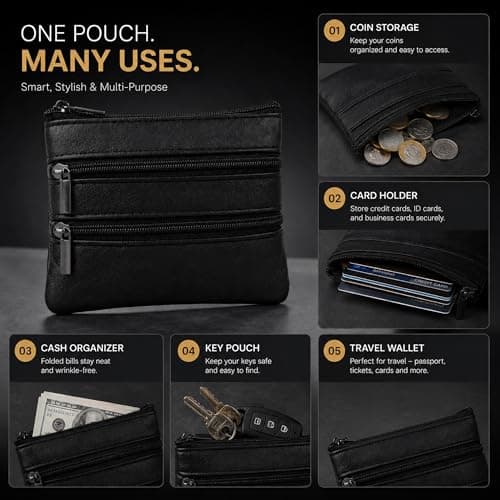 Black Genuine Leather Coin Pouch Wallet Double Zip Compact Travel Purse for Men & Women | Small Coin, Card & Cash Organizer — view 5