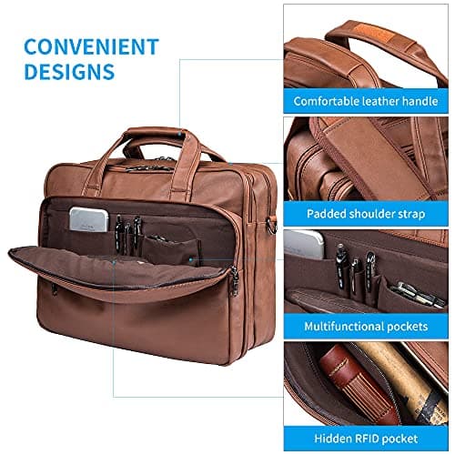seyfocnia Leather Laptop Bag, Men's 15.6 Inches Messenger Briefcase Business Satchel Computer Handbag Shoulder Bag Fits 15.6 Inch Laptop Computer (Brown) — view 3