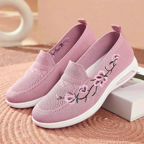 Slip On Shoes Women Embroidered Orthopedic Walking Shoes Breathable Mesh Sneakers Slip-On Lightweight Work Mom Shoe,for Outdoor Walking Traveling Hiking Size 3-11 Pink — view 3