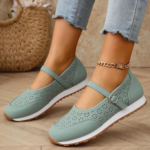 Women's Vintage Perforated Mary Jane Sneakers Chic Buckle Loafers Breathable Walking Shoes for Travel and Weekend Trips Light Green — view 4