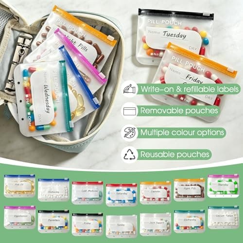 Waterproof Pill Organiser Pouch Set for Travel, 14 Removable Colour-Coded Bags Easy to Label & Refill, Storage Organizer for Medication Vitamins Fish Oils (Green) — view 3