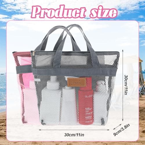 oruola 2 Pcs Shower Bags Women,Mesh Shower Caddy Bag,Quick Dry Portable Gym Showers Bag with Zipper for Travel,Gym,Swimming,Camping,College Dorms,Beach (Grey & Pink) — view 3