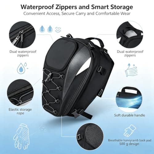 RemixAst Motorcycle Tail Bag Waterproof with for Honeycomb Back Cushion – Rear Seat Storage for Commuting – 17x11x8in Black — view 2