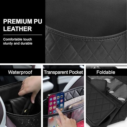 NganSuRong Car Handbag Holder Between Seats, PU Leather Purse Holder for Van, Multi-Pocket Large Capacity Auto Front Seat Organizer, Barrier of Backseat Pet Kids, Car Accessories for Women Black — view 5