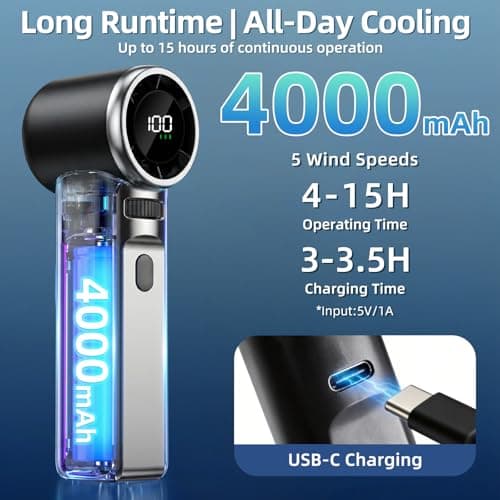 ELZO Portable Handheld Fan, High Speed Turbo Mini Fan (20000RPM) with 1-100 Stepless Speed, 4000mAh Rechargeable Personal Fan Pocket Size, Powerful Electric Hand Fan for Travel, Camping, Makeup,Black — view 3