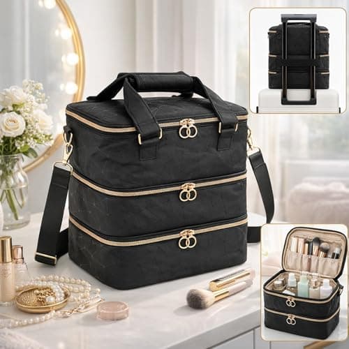 WinHUb Nail Polish Organizer Bag, 3-Tier Large Capacity Nail Storage Case Holds Up to 60 Bottles, PU Leather Manicure Organizer with Shoulder Strap for Nail Lamp & Nail Tech Supplie — view 4