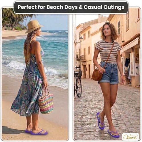 Octave® Ladies Flip Flops - Flat form Sandals Comfortable Beach Flip Flops for Woman,Non-Slip Shower & Pool Slippers,flip flop,Lightweight Beach Sandals,flip flop womens(Purple, UK 4 / EURO 37) — view 2