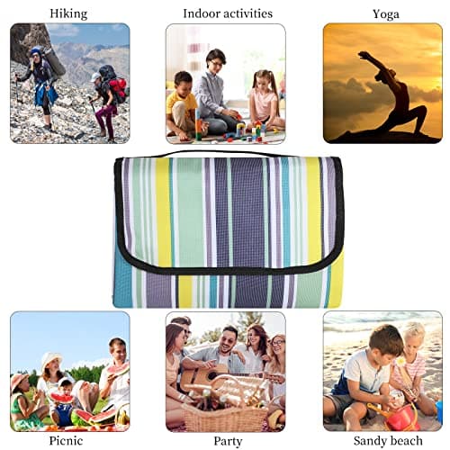 GUSUWU Picnic Blanket Waterproof Beach Rug 200×200cm Picnic Mat Washable Lightweight With Handle Blue Vertical Stripes Suitable for Hiking Travel Outdoor Camping, Park — view 5